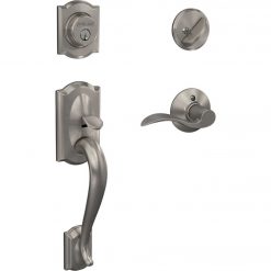 Hot Sale 😀 Schlage Camelot Handleset With Single Cylinder Deadbolt And Accent Lever In Satin Nickel - Left Handed ✨
